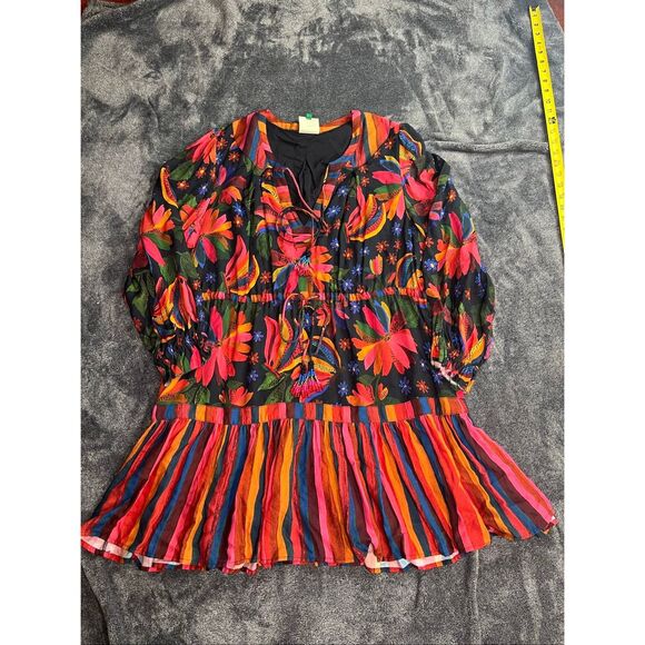FARM Rio Dresses & Skirts - FARM Rio Floral Stripe Boho Dress Women’s Size Large Multicolor Tassel Tie